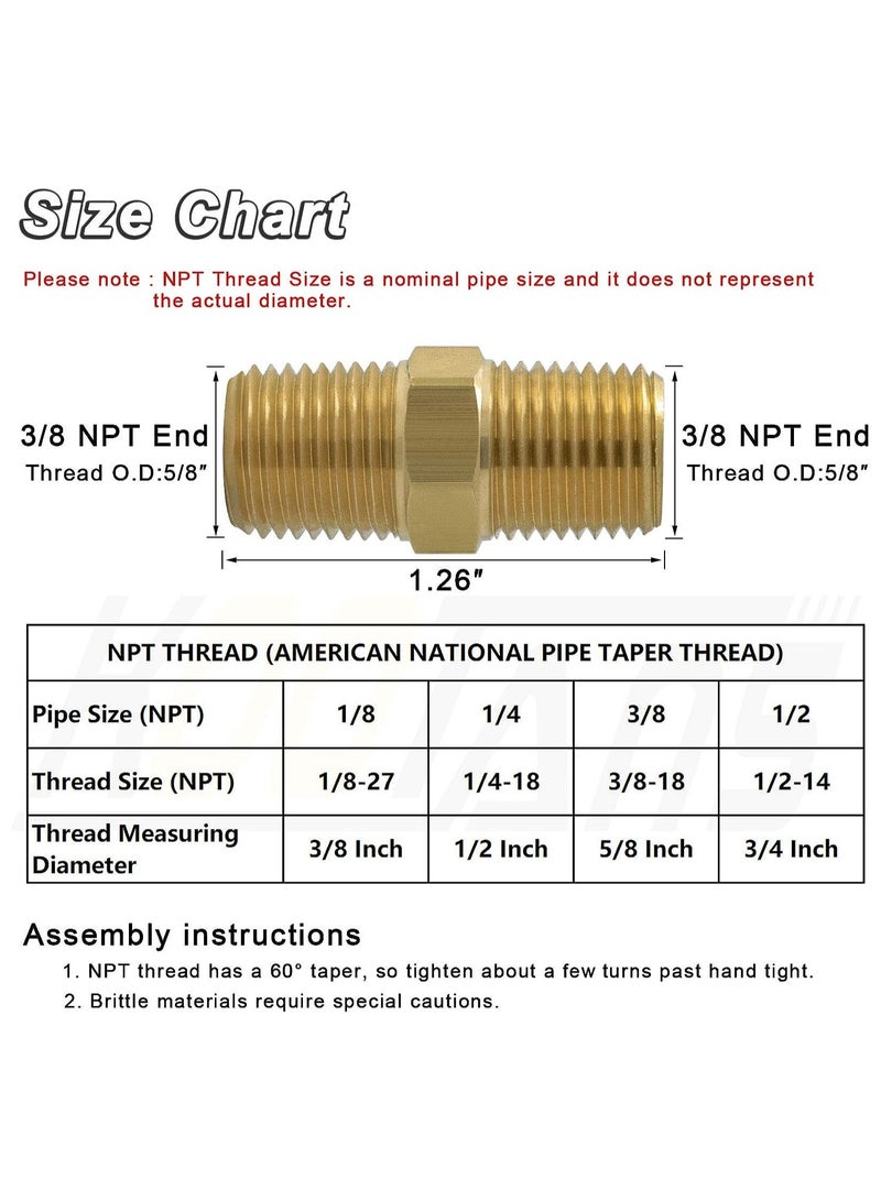 KOOTANS 3/8 NPT x 3/8 NPT Male Solid Brass Nipples Heavy Brass Pipe Adapter Fittings Equal Hex Nipple Connectors 4Pieces - Image 2