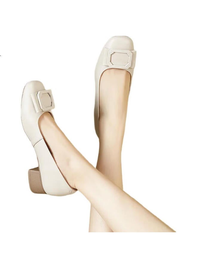 YEARCON Comfortable Mom Fashion Shoes Shallow Mouth Single Shoes Thick Heel Work Leather Shoes 27132W Milky White 2 Size 39 - Image 3