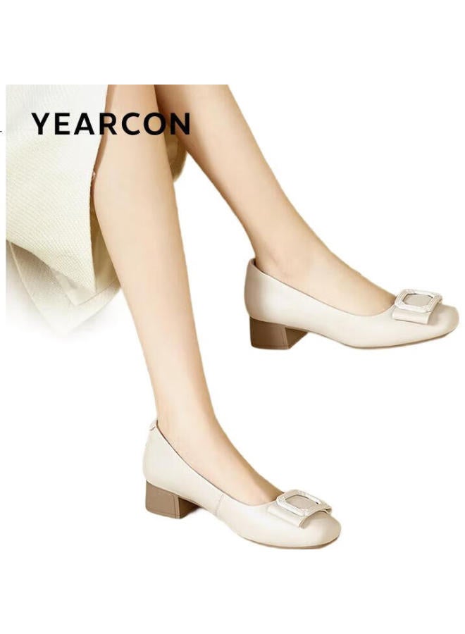 YEARCON Comfortable Mom Fashion Shoes Shallow Mouth Single Shoes Thick Heel Work Leather Shoes 27132W Milky White 2 Size 39 - Image 1