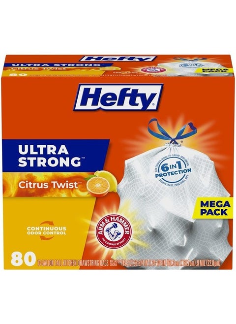 Ultra Strong Tall Kitchen Trash Bags, 13 Gallon Citrus Twist Scent, 80 Count (Pack of 1), White