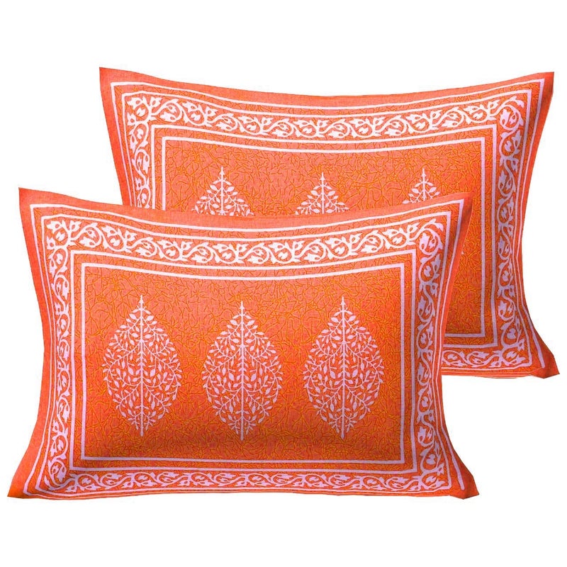 Om Export Queen Size Double Bed Sheet with Pillow Covers Pure Cotton Jaipuri Traditional Printed Bedcover Orange - Image 3