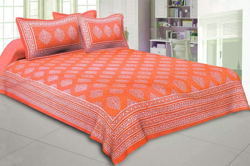 Om Export Queen Size Double Bed Sheet with Pillow Covers Pure Cotton Jaipuri Traditional Printed Bedcover Orange - Image 1