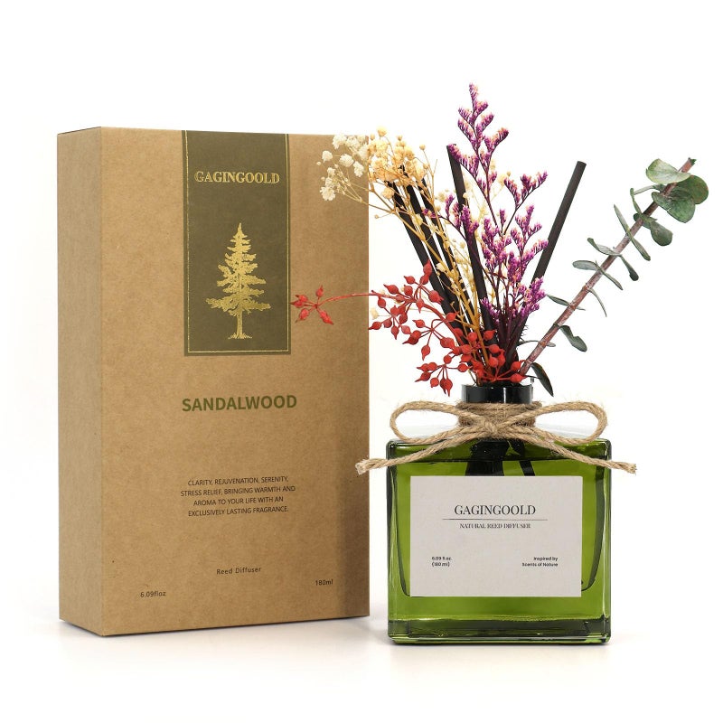 GAGINGOOLD Reed Diffuser, 6.09 oz Earthy Sandalwood Scent Diffuser with Sticks & Dried Flowers, 120 Days Long Lasting diffusers for Home, Elegant Fragrance for Bathroom Bedroom Office Decor Air Fresh - Image 1