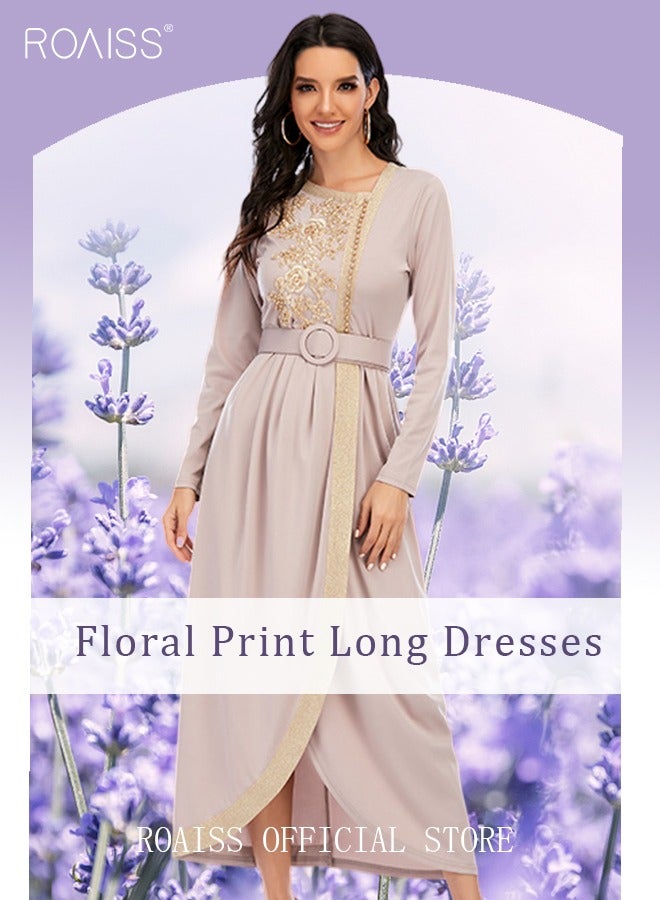 roaiss Maxi Dress for Women Long Sleeve Dress Waist Belt Asymmetric Neck Casual Loose Floral Print Long Dresses Embroidered Lace Beaded Flared Sleeve Lace-up Long Dress  - Image 1
