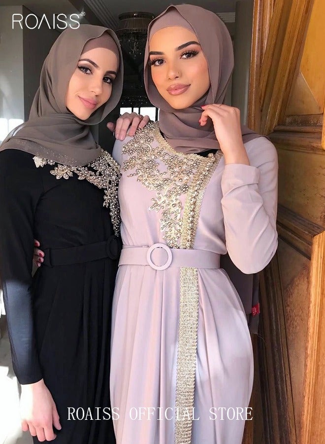 roaiss Maxi Dress for Women Long Sleeve Dress Waist Belt Asymmetric Neck Casual Loose Floral Print Long Dresses Embroidered Lace Beaded Flared Sleeve Lace-up Long Dress  - Image 3
