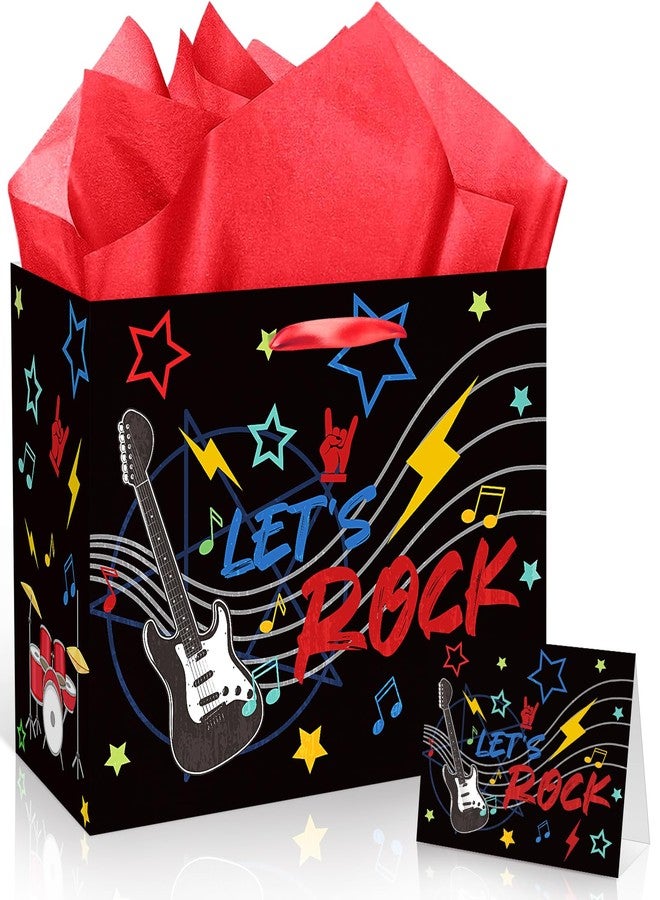LUUFILx Music Party Gift Bag Let's Rock Themed Birthday Decor Guitar Wrapping Paper with Tissue Paper Greeting Card for Boys Girls Rocking Gift Wrap Bags Ribbon Handle for Kid Baby Shower Decoration Supplies - Image 1