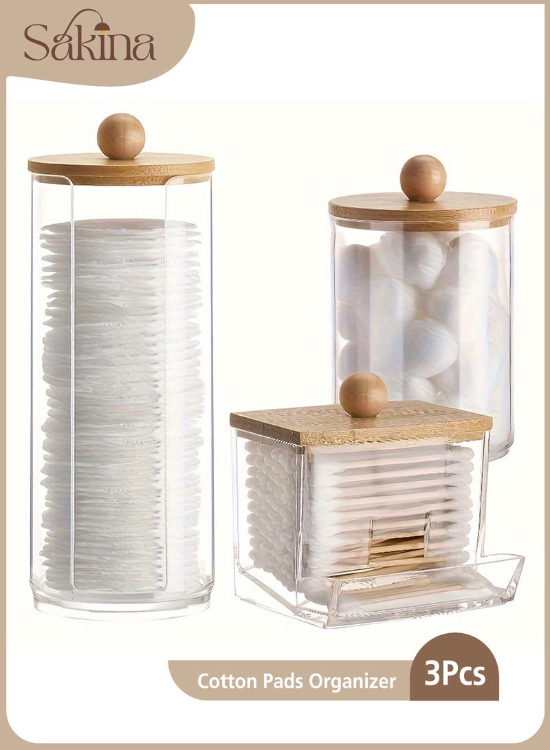 Sakina 3pcs Cotton Swab Holder, Bathroom Dispenser Storage Box For Cotton Ball, Cotton Swab, Cotton Round Pads And Floss Picks, Clear Storage Canister With Bamboo Lid, Home Organization And Storage Supplies - Image 1