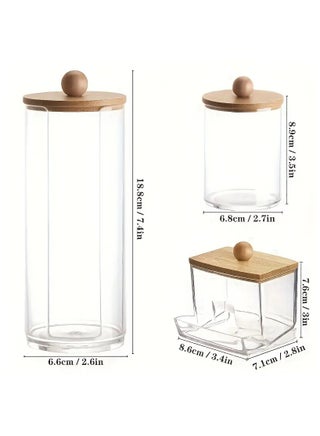 3pcs Cotton Swab Holder, Bathroom Dispenser Storage Box For Cotton Ball, Cotton Swab, Cotton Round Pads And Floss Picks, Clear Storage Canister With Bamboo Lid, Home Organization And Storage Supplies - view 3