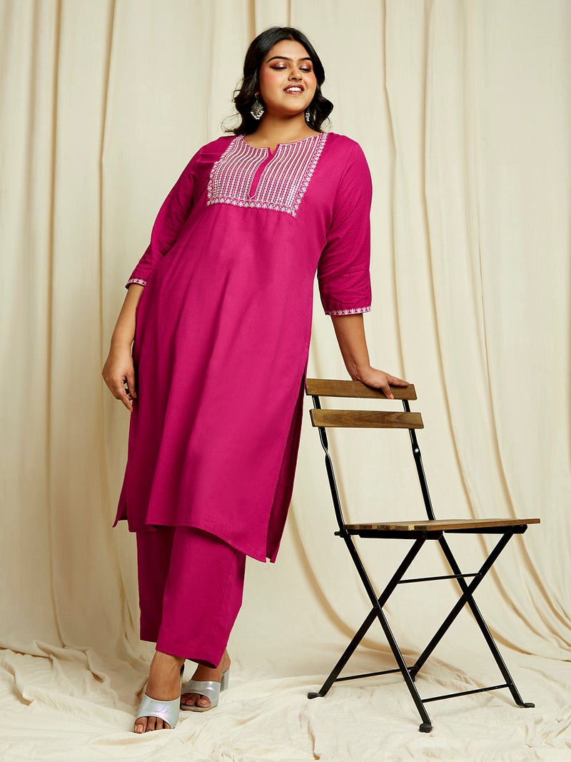 globus Globus Gloplus Women Pink Sequinned & Embroidered Yoke Straight Plus Size Kurta With Wide Leg Pants Festive Set  - Image 1
