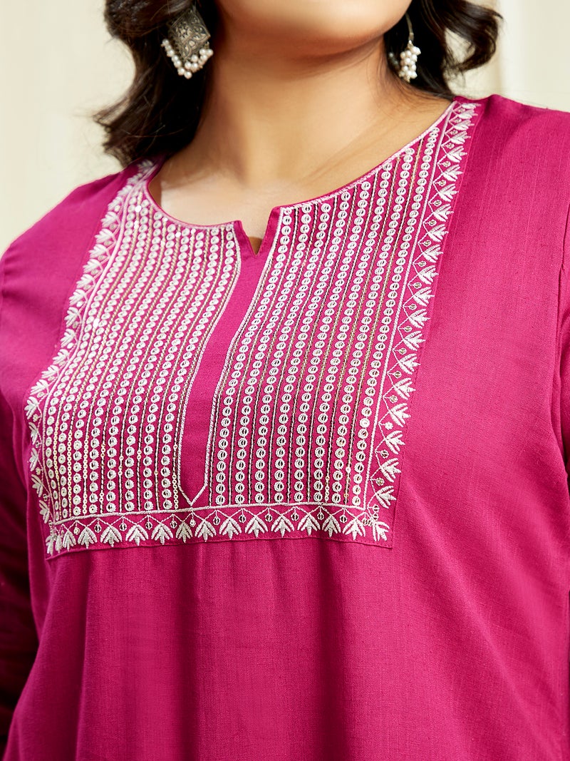 globus Globus Gloplus Women Pink Sequinned & Embroidered Yoke Straight Plus Size Kurta With Wide Leg Pants Festive Set  - Image 4