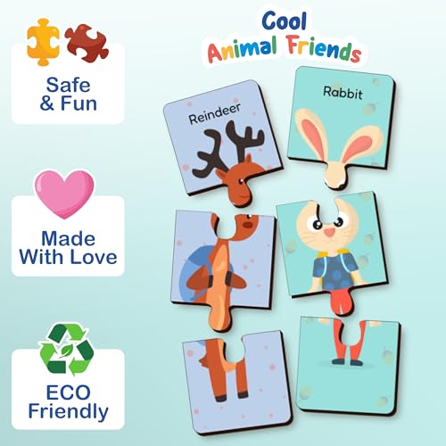 Lefan Wooden Jigsaw Puzzle for Kids (Pack of 12 Animals) | Animal Puzzle Learning Toy for Toddlers 3+ Years | Educational Matching Puzzle Board | Eco-Friendly Wooden Toys for Boys & Girls - Image 2