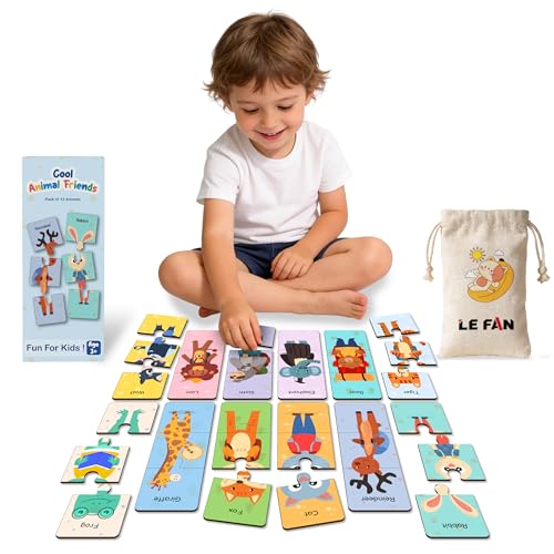 Lefan Wooden Jigsaw Puzzle for Kids (Pack of 12 Animals) | Animal Puzzle Learning Toy for Toddlers 3+ Years | Educational Matching Puzzle Board | Eco-Friendly Wooden Toys for Boys & Girls - Image 1