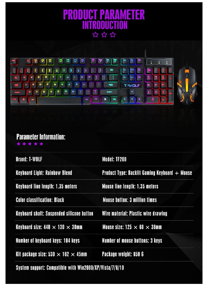 T-WOLF - Wired Keyboard And Mouse Set 104 Keys USB Wired Keyboard 2400DPI Mouse Rgb Backlit Gaming Keyboard Mouse Combo - Image 1