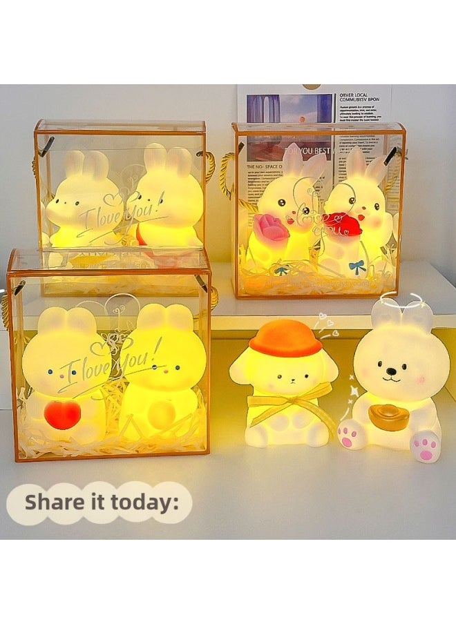 Generic Year Night Market Cartoon Cute Night Light Stall Children's Luminous Toys Year Gift Small Ornaments-Color:Cinnamon Rabbit Large + Raffia + Transparent Gift Box-Specifications:Warm Light  - Image 3
