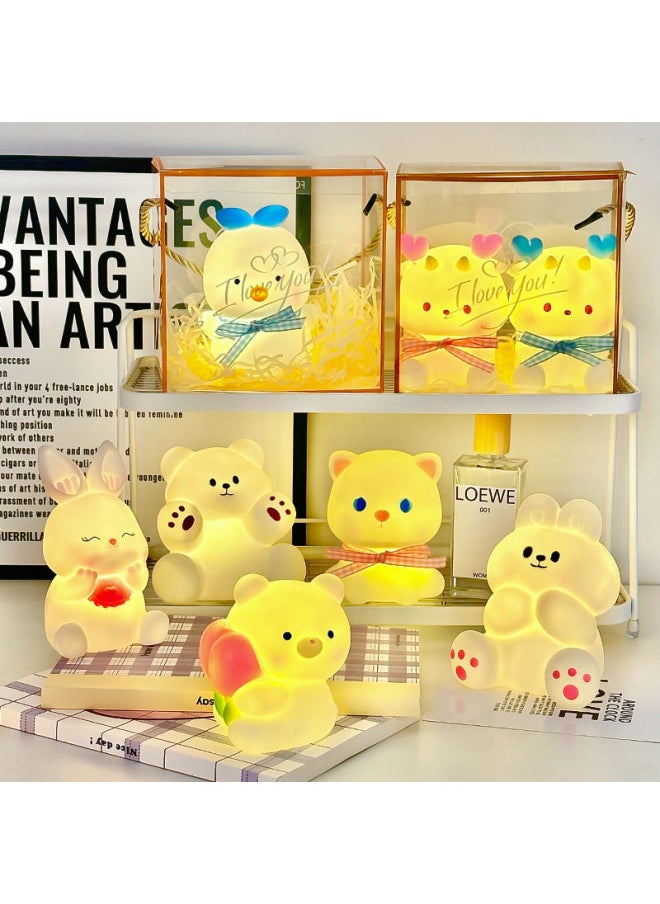 Generic Year Night Market Cartoon Cute Night Light Stall Children's Luminous Toys Year Gift Small Ornaments-Color:Cinnamon Rabbit Large + Raffia + Transparent Gift Box-Specifications:Warm Light  - Image 5