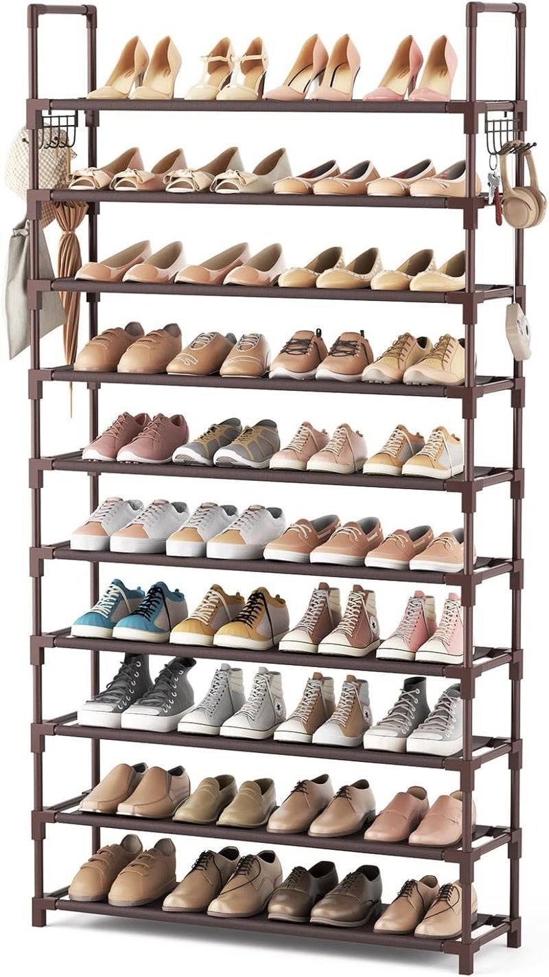 VTRIN 10 Tiers Shoe Rack Tall Large Capacity Wide Shoe Organizer Sturdy Shoe Shelf for Entryway with Two Hooks Metal Shoe Storage for Closet, Bedroom, Brown - Image 1