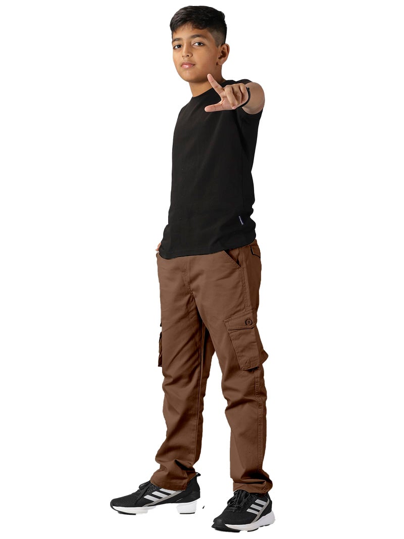 KiddoPanti Boys Cargo Pants | 100% Cotton Twill Mid Rise | Comfortable Regular Fit | Elastic Waistband & Zip Fly | 6 Pocket Lower For Kids | Full-Length Casual Wear |, Brown - 8-10Y,8 Years-10 Years - Image 2