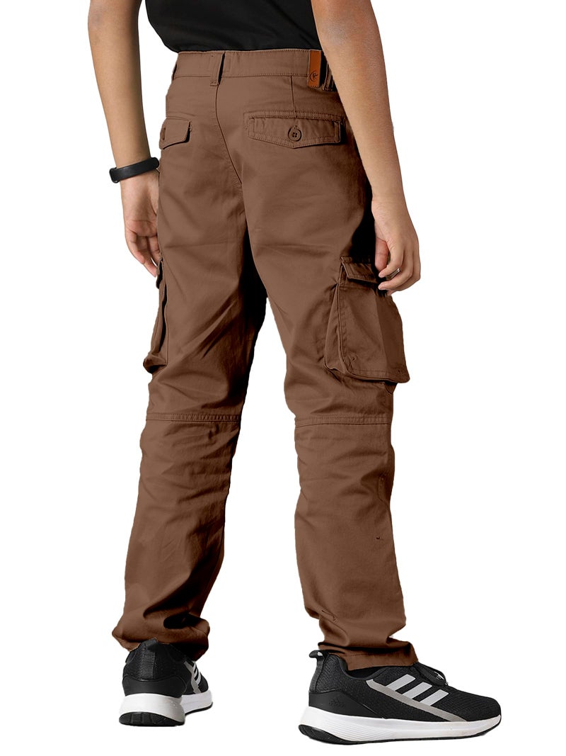 KiddoPanti Boys Cargo Pants | 100% Cotton Twill Mid Rise | Comfortable Regular Fit | Elastic Waistband & Zip Fly | 6 Pocket Lower For Kids | Full-Length Casual Wear |, Brown - 8-10Y,8 Years-10 Years - Image 4
