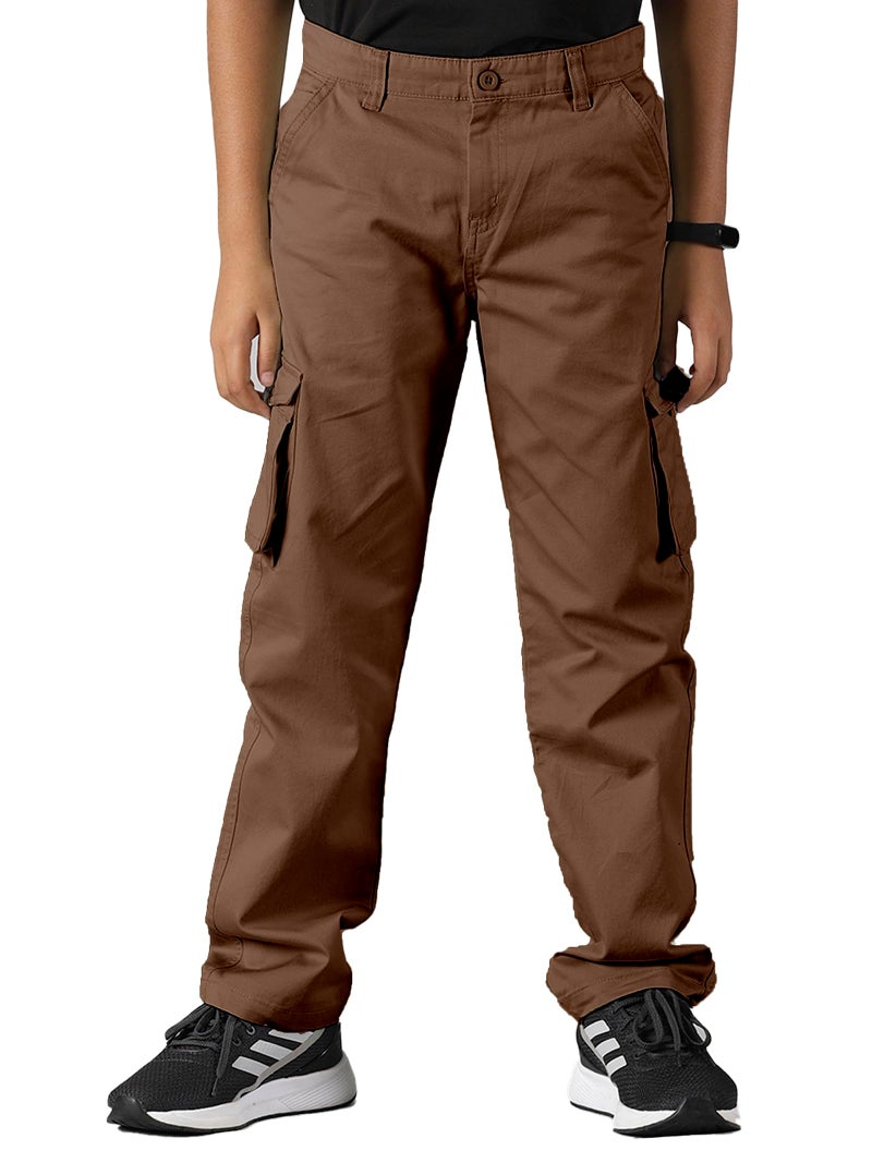 KiddoPanti Boys Cargo Pants | 100% Cotton Twill Mid Rise | Comfortable Regular Fit | Elastic Waistband & Zip Fly | 6 Pocket Lower For Kids | Full-Length Casual Wear |, Brown - 8-10Y,8 Years-10 Years - Image 1