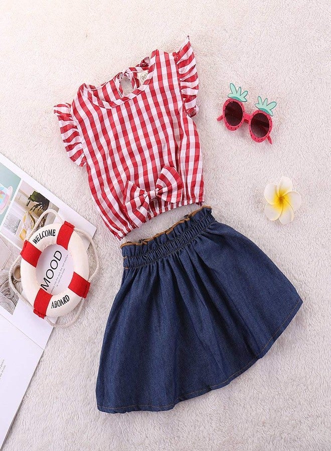 BOIZONTY Toddler Baby Girl Red Plaid Outfits Ruffled Sleeve Crop Top Shirts with Bowknot+Denim Skirt Dress Summer Clothes Set (Plaid, 4-5 Years) - Image 3