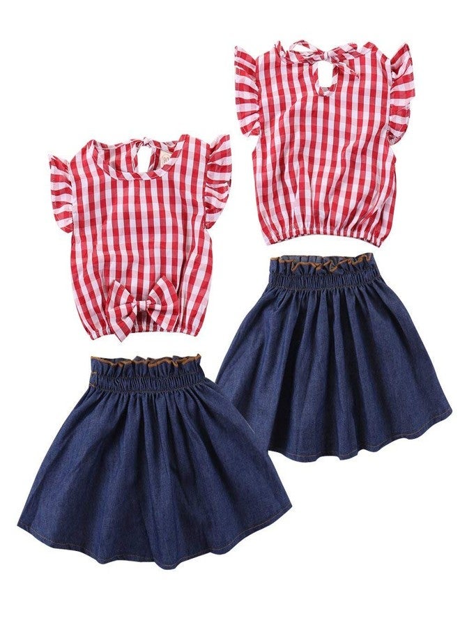 BOIZONTY Toddler Baby Girl Red Plaid Outfits Ruffled Sleeve Crop Top Shirts with Bowknot+Denim Skirt Dress Summer Clothes Set (Plaid, 4-5 Years) - Image 4