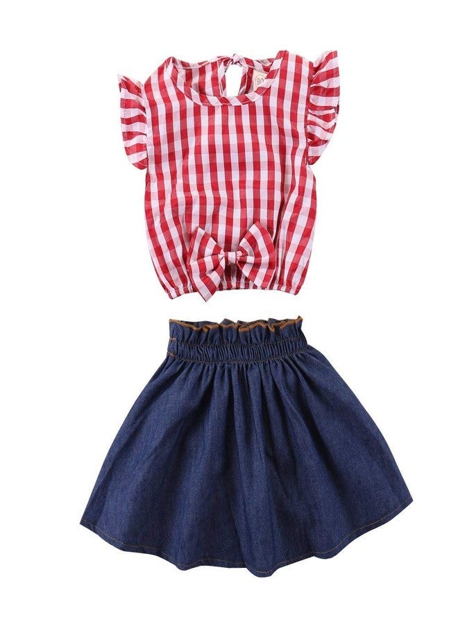 BOIZONTY Toddler Baby Girl Red Plaid Outfits Ruffled Sleeve Crop Top Shirts with Bowknot+Denim Skirt Dress Summer Clothes Set (Plaid, 4-5 Years) - Image 1