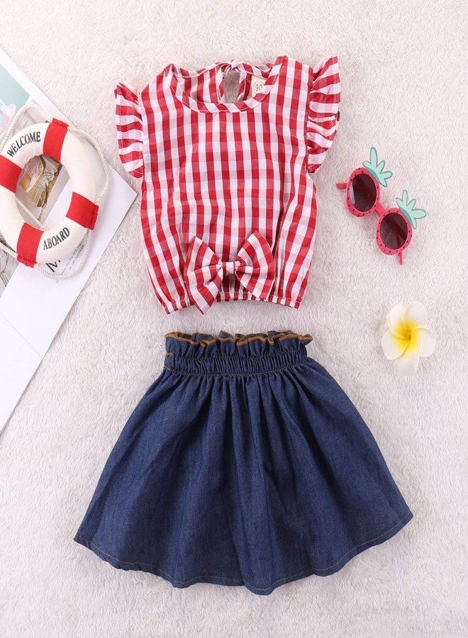 BOIZONTY Toddler Baby Girl Red Plaid Outfits Ruffled Sleeve Crop Top Shirts with Bowknot+Denim Skirt Dress Summer Clothes Set (Plaid, 4-5 Years) - Image 2