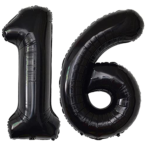 Jonhamwelbor 16 Number Balloons Black Big Giant Jumbo Big Large 16 or 61 Foil Mylar Helium Number Balloons Black 16th 61st Birthday Party Anniversary Events Decorations for Boy Girl - Image 1