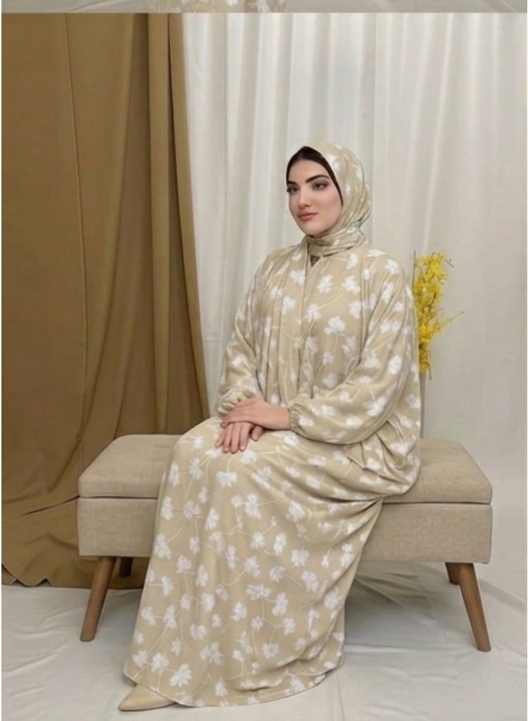 Women's Muslim Prayer Dress Set, Floral Print, with Hijab, Abaya Style - Butter Material (Up to 100 KG) - Image 3