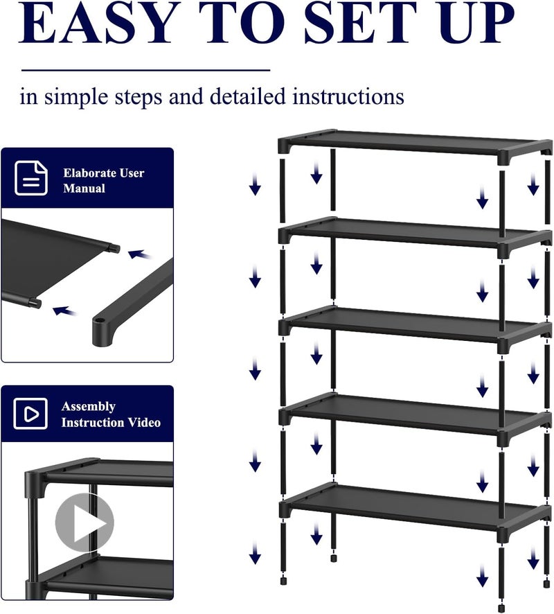 Kitsure Shoe Rack - Non-Woven Shoe Rack Shelf, Shoe Organizer for Closet, Entryway, Garage & Corridor, Stackable Shoe Shelves, 27.5" Wide - 5 Tier, Black - Image 4