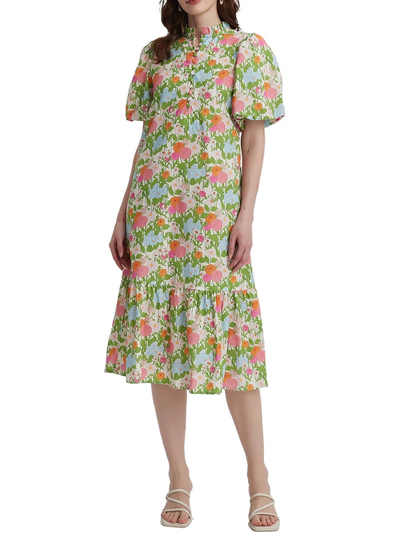 LifeShe Summer Floral Midi Dress for Women Spring Puff Short Sleeve Button Down Flowy Boho Dresses Green - Image 1