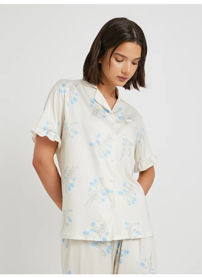 تايك تو Take Two All Over Floral Printed Short Sleeve Shirt and Pyjama Set