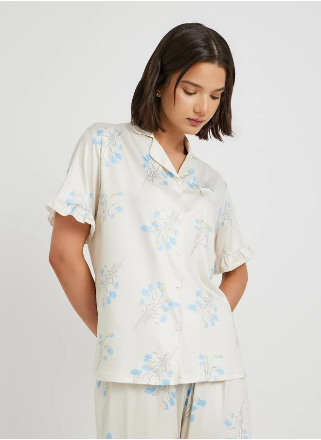 تايك تو Take Two All Over Floral Printed Short Sleeve Shirt and Pyjama Set