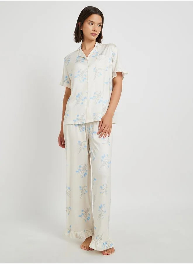 تايك تو Take Two All Over Floral Printed Short Sleeve Shirt and Pyjama Set