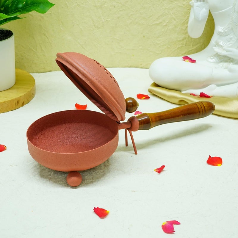 Ekhasa Metal Dhoop Dani Loban Burner Holder Stand for Home Dhup Kapoor Dani for Puja with Wooden Holder Sambrani Holder Dhuni Burner Samrani Batti Stand for Pooja Dhup Stand Incense Oud Burner - Image 2