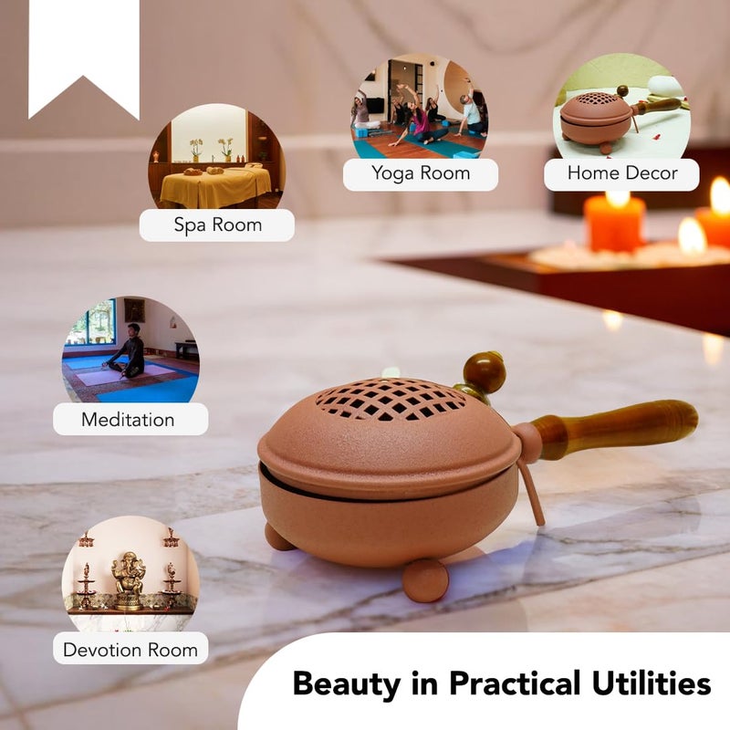 Ekhasa Metal Dhoop Dani Loban Burner Holder Stand for Home Dhup Kapoor Dani for Puja with Wooden Holder Sambrani Holder Dhuni Burner Samrani Batti Stand for Pooja Dhup Stand Incense Oud Burner - Image 4