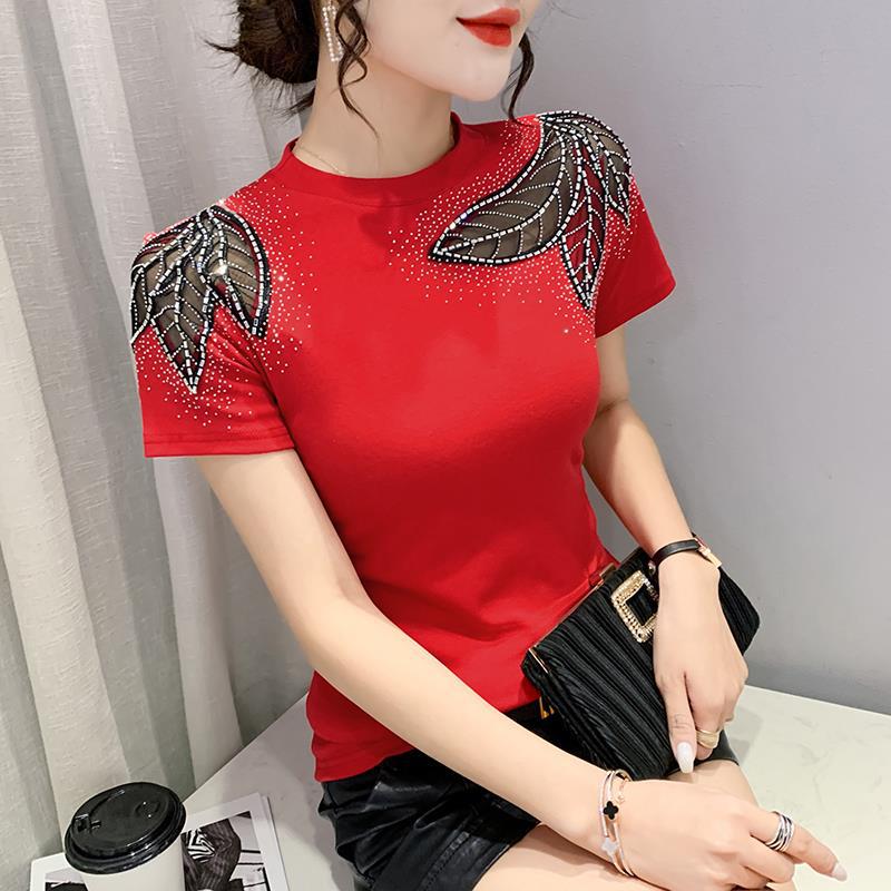 Of 2024 European Station Short-Sleeved Round Neck Fashionable Cut Out Lace Diamond Slim Slim T-Shirt For Women - Image 2