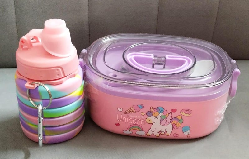 NEW PINCH 2 Compartment Insulated Stainless Steel Lunch Box Unicorn Pink 800 ml with Expandable Sipper Water Bottle Pink 500 ml - Image 2