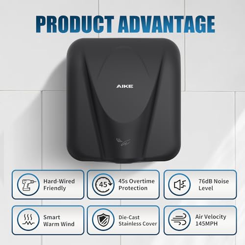 AIKE Elephant Power Commercial Hand Dryer High Speed Auto Warm Wind, Matte Black Thermoset Cover AC110V-130V Model AK2812 - Image 5
