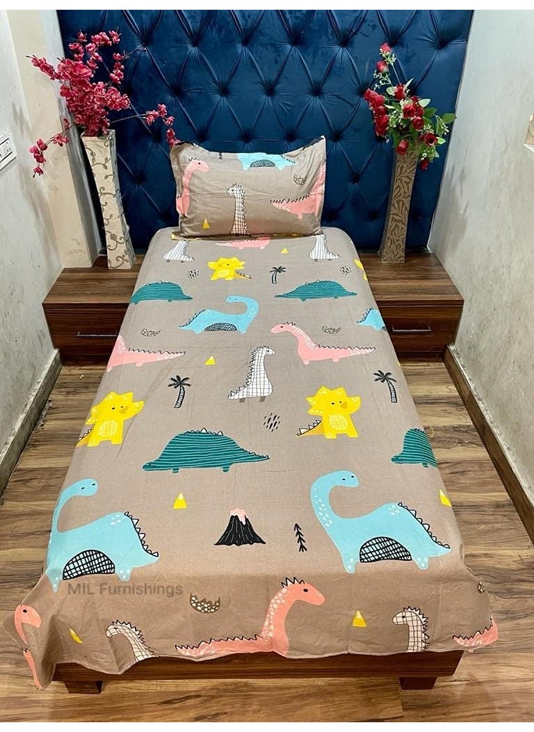 MIL Furnishings MIL Furnishings Cotton Kids Cartoon Print Single Bedsheet with 1 Pillow Cover 60X90 Brown Dino 1 
