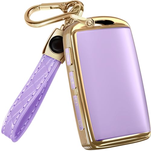 Lucrum for Mazda CX5 Key Fob Cover and Leather Keychain TPU Key Case for Mazda 3 6 CX5 CX9 CX30 CX50 CX7020192025 Keyfob Cover Compatible with WAZSKE11D0 Purple and Black - Image 1