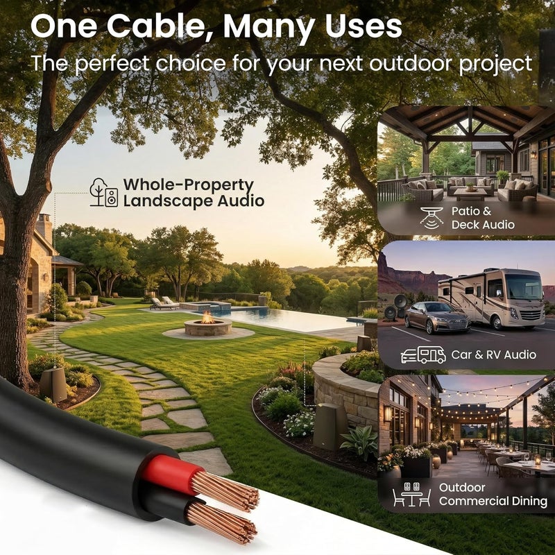 GearIT 14/2 Speaker Wire (20 Feet) 14 AWG Gauge, Direct Burial Outdoor In-Ground/In-Wall/CL3 CL2/2 Conductors/OFC Oxygen Free Copper, Black, 20 Feet - Image 5
