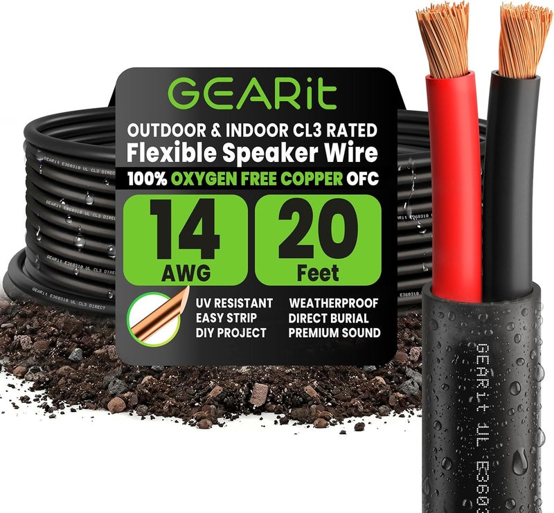 GearIT 14/2 Speaker Wire (20 Feet) 14 AWG Gauge, Direct Burial Outdoor In-Ground/In-Wall/CL3 CL2/2 Conductors/OFC Oxygen Free Copper, Black, 20 Feet - Image 1