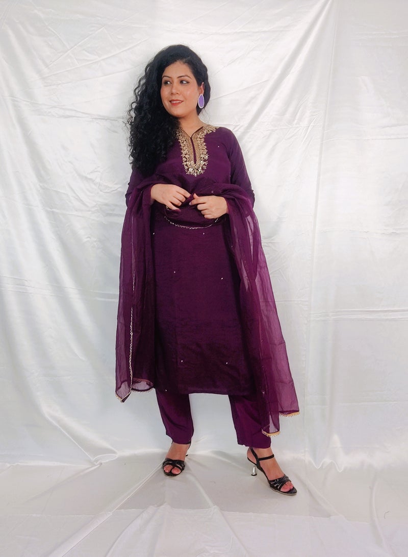 PRIYA’S PANACHE PRIYA’S PANACHE Embellished Silk Kurta Pant Suit with Elegant Organza Dupatta for Women.  - Image 2