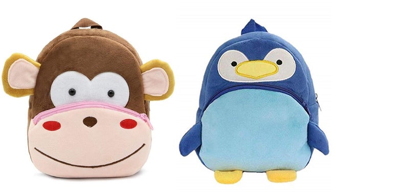 blue tree Kids School Bag Combo Soft Plush Backpack Cartoon Bags Mini Travel Bag for Children Girls Boys (Monkey & Penguin) - Image 1