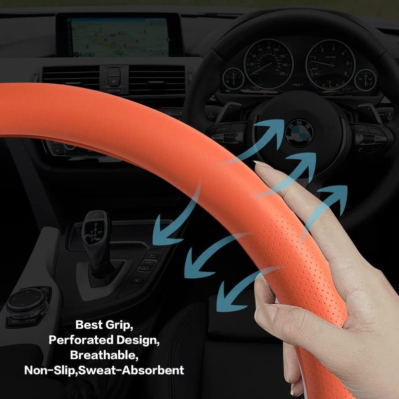VARGTR Car Steering Wheel Cover,Universal 15 Inch Premium Leather Car Steering Wheel Cover,Best Grip,Perforated Design,Breathable,Non-Slip,Sweat-Absorbent,Warm in Winter and Cool in Summer (Orange) - Image 2