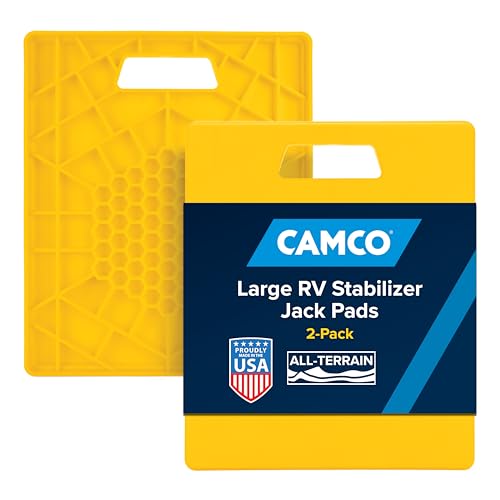Camco Camper/RV Large Stabilizer Jack Pads - Features Interlocking Design & Handy Strap for RV Storage - Built-in Handle - Use with RV Leveling System, RV Levels & More - 14” x 12”, 2-Pk (44541) - Image 1