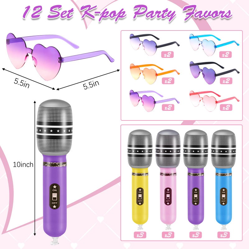 LaRandom 12 Set K-pop Party Favors Includes Inflatable Microphones and Heart Sunglasses K-pop Music Theme Party Favors 80s 90s Cosplay Stage Decoration Supplies(Pink, Purple, Blue, Yellow) - Image 2