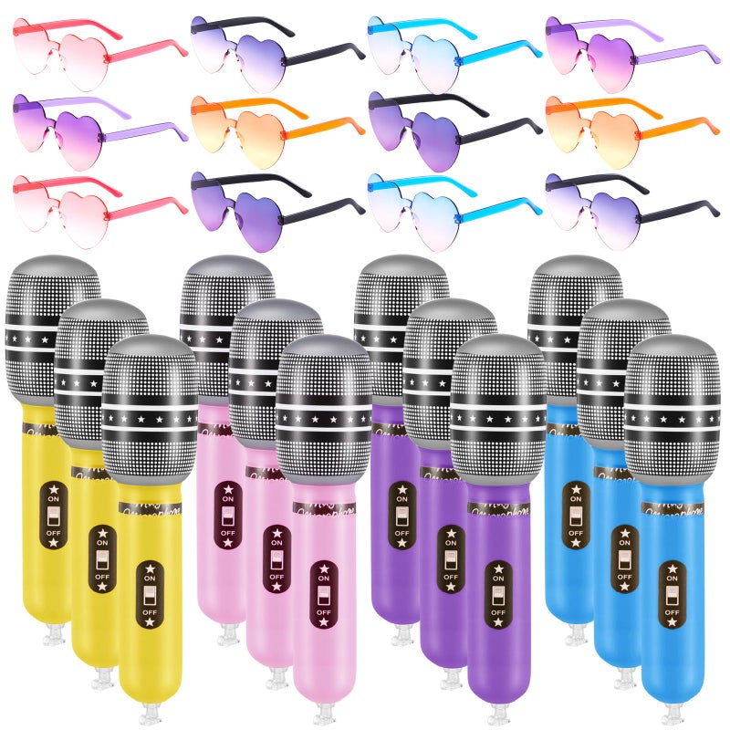 LaRandom 12 Set K-pop Party Favors Includes Inflatable Microphones and Heart Sunglasses K-pop Music Theme Party Favors 80s 90s Cosplay Stage Decoration Supplies(Pink, Purple, Blue, Yellow) - Image 1