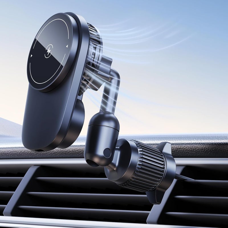 DICMKY Long-arm Wireless Magnetic Car Phone Holder Mount with Cooling Fan & RGB Lights, 15W Fast Charging Auto-Rotate Charger for iPhone 17/16/15/14/13/12 S25 Samsung Google, Car Air Vent  Mount - Image 1